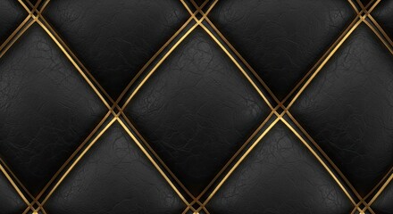 Obraz premium Luxury Black Tufted Upholstery with Gold Trim Diamond Pattern Background