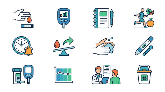 Professional Colorful Illustrated Icons Set Featuring Diabetes Management Health Monitoring and Medical Consultation