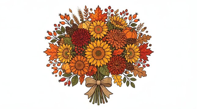 Autumnal thanksgiving background floral bouquet with sunflowers maple leaves pumpkins