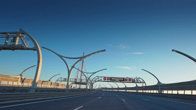 Saint-Petersburg, Russia - July 17 2026, 4k, panoramic view from the window of a moving car of the Western High-Speed ​​Diameter (WHSD) highway, at daytime with clear blue sky, St. Petersburg, Russia