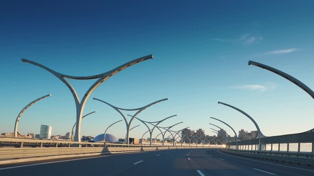 Saint-Petersburg, Russia - July 17 2026, 4k, panoramic view from the window of a moving car of the Western High-Speed ​​Diameter (WHSD) highway, at daytime with clear blue sky, St. Petersburg, Russia