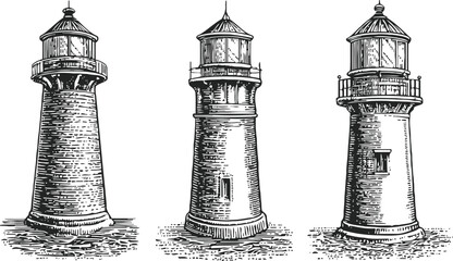 Obraz premium vintage lighthouse engravings classic nautical beacon tower sketches set
