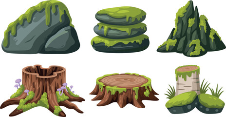 Forest Landscape Element Vector Set with Mossy Rocks Stacked Stones Tree Stumps Growing Mushrooms and Old Birch Logs for Game Asset Designs © MdSohag