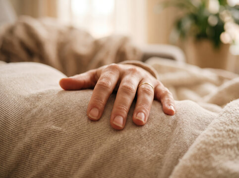Hand resting gently on soft beige linen fabric on bed