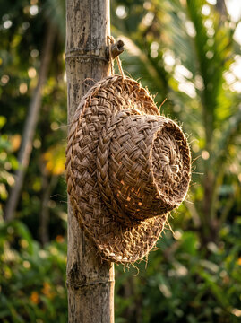 Woven Straw Conical Hat Hanging In Tropical Park
