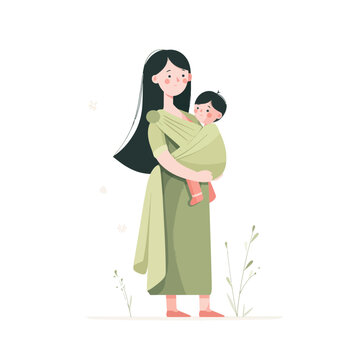 Mother holding baby in green sling, family bond