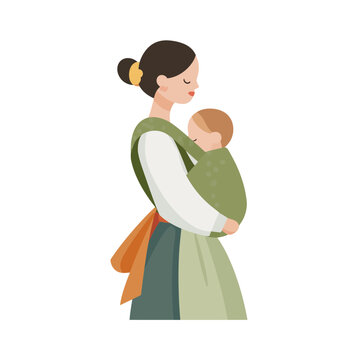 Mother holding baby in traditional carrier