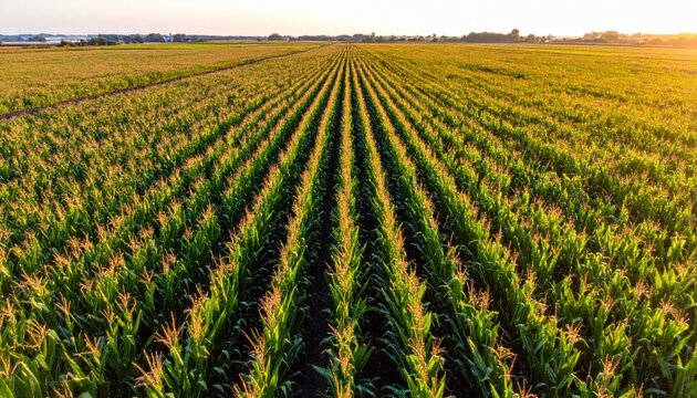 Sunset golden hour over perfectly aligned green corn rows.