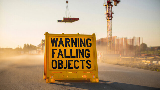 Warning sign for falling objects on construction site during sunset  
