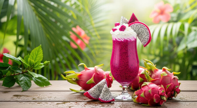 Refreshing Dragon fruit smoothie with whipped cream garnish surrounded by fresh tropical fruits on wooden table.
