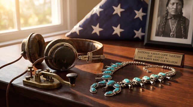 Still life tribute with vintage headphones, telegraph key, turquoise necklace, and framed photo for Navajo Code Talkers Day.