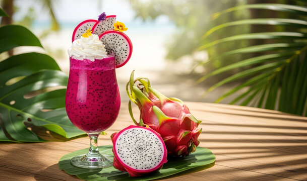 Refreshing Dragon fruit smoothie with whipped cream garnish surrounded by fresh tropical fruits on wooden table.