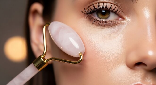Woman using facial roller on cheek in beauty setting