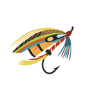 Colorful artificial fly fishing lure flat vector illustration isolated on white background. Decorative fishing bait icon for trout fishing, freshwater angling, tackle equipment, and sport