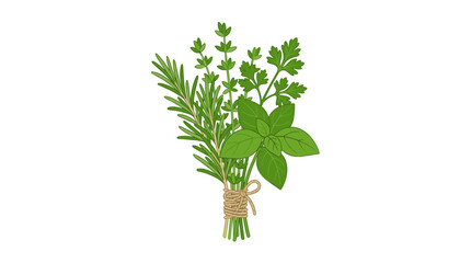 Naklejka premium A bundle of fresh herbs including rosemary basil thyme and parsley tied with twine