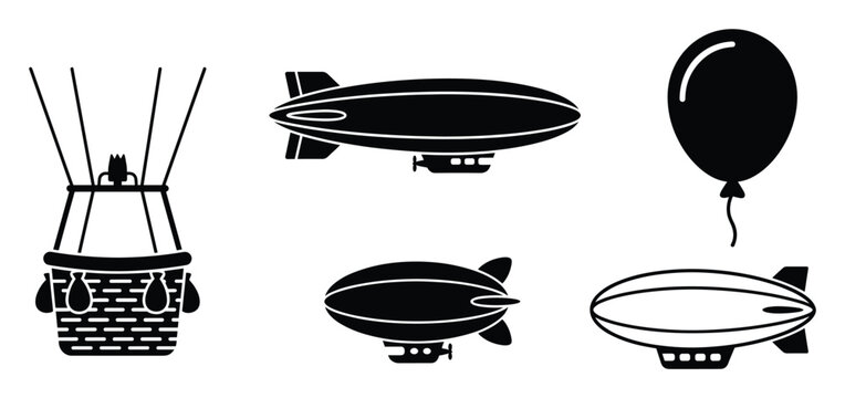 Set of various airship hot air balloon and blimp icons for transportation travel projects
