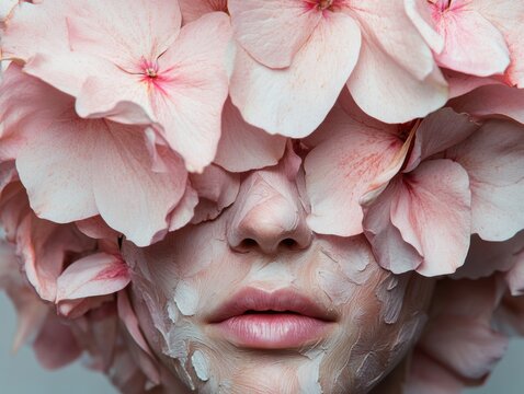 Surreal portrait featuring a lifelike face seamlessly transforming into an intricate floral composition with delicate petals merging organically into the skin