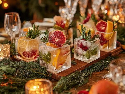 Festive entertaining setup featuring a cocktail garnish board with ice, fresh fruit, aromatic herbs, and colorful decorative accents for celebratory drinks
