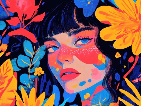 Playful pop-inspired illustration with vivid color contrasts, expressive graphics, and a lively comic aesthetic