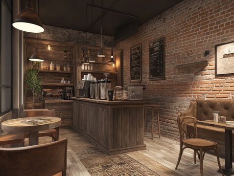 Cozy cafe interior in warm mocha tones with rustic textures, soft lighting, and an inviting atmosphere