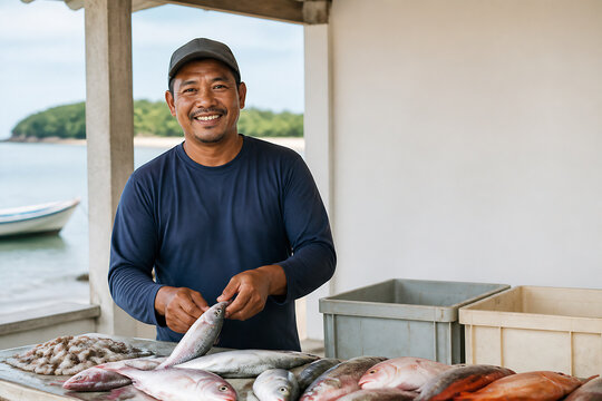 A smiling man stands indoors holding a fish in front of a display of fresh seafood.