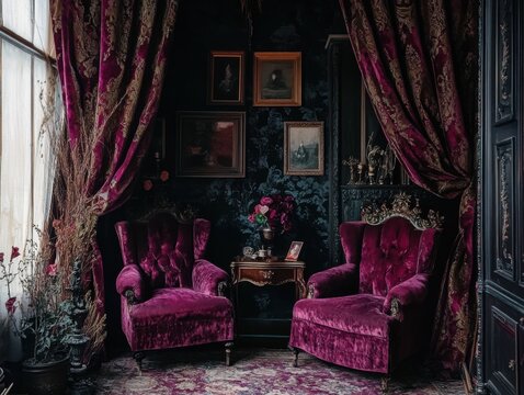 Eclectic dark living room with velvet drapery, plush seating, ornate accents, and richly patterned botanical decor