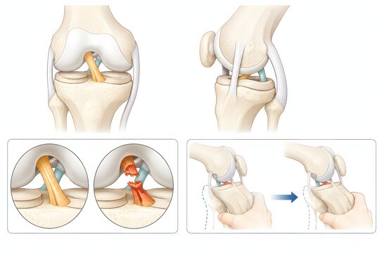 ACL tear anterior cruciate ligament knee diagram, sports medicine orthopedic illustration showing ACL tear with frayed fibers, Lachman test anterior translation and surrounding knee anatomy