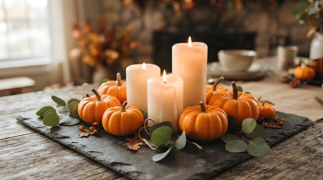 Festive thanksgiving background autumn candles pumpkins table setting