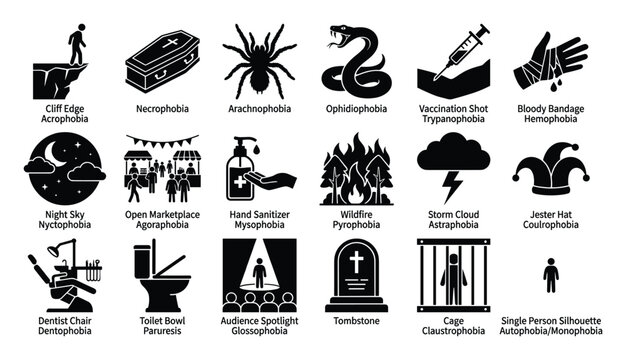 Set of phobia icons depicting common fears and anxieties for educational and mental health use