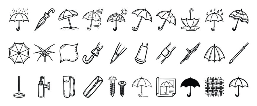 Set of umbrella icons depicting different weather conditions and accessories for graphic design projects