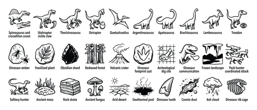 Set of dinosaur and prehistoric life icons for educational materials and games