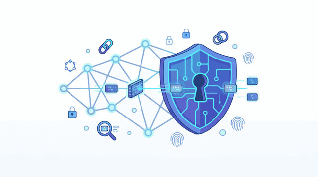 Digital network security shield with binary code and fingerprint icons