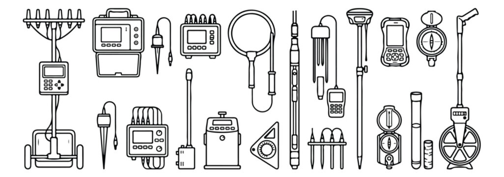 Geophysical survey equipment icons set, professional land surveying and utility locating tools, black and white vector line art collection