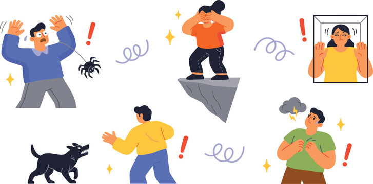 Mental Health and Phobias Vector Illustration Set Featuring Characters Afraid of Spiders Heights Confined Spaces Barking Dogs and Panic Attacks