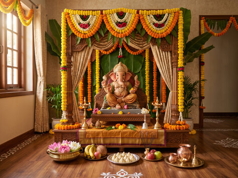 Elegant Ganesh Chaturthi home mandap with decorated Lord Ganesha idol, floral garlands and traditional worship setup