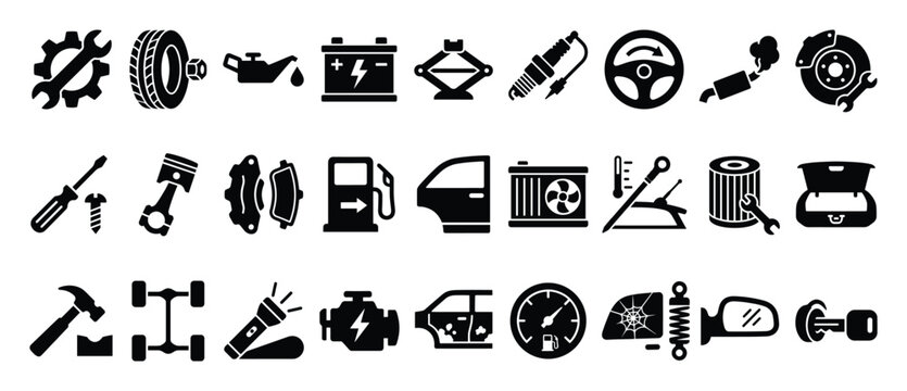 Set of automotive service icons for car repair and maintenance business infographics.