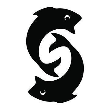 Stylized black silhouettes of two playful dolphins swimming in a circular motion against a white background