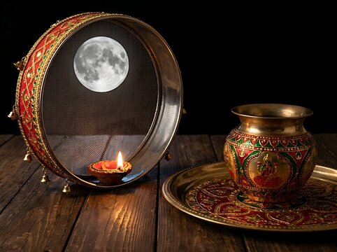 Karwa chauth celebration with traditional sieve, diya, and decorated brass pot
