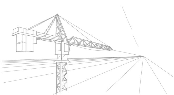Wireframe sketch of a construction tower crane in perspective.
