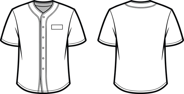 Front and back view of a blank baseball jersey shirt template with short sleeves and button down front