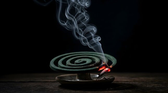 Burning green mosquito coil producing smoke on a dark rustic wooden surface with repellent background protection chemistry prevention abstract insecticide