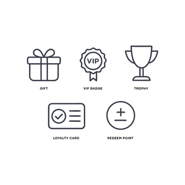 Loyalty reward line vector icon set. loyalty card, VIP badge, trophy, Gift, redeem point