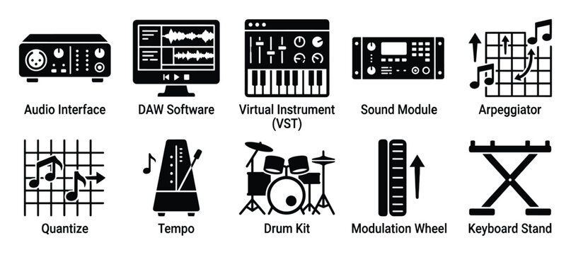 Set of digital audio workstation icons representing music production equipment and software for studio recording applications.