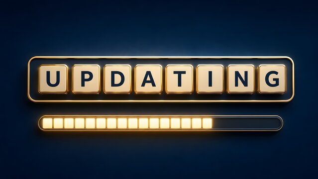 Elegant golden 'UPDATING' message and a glowing progress bar on a sleek dark background, symbolizing ongoing software updates, system installation, and technological advancement processes.