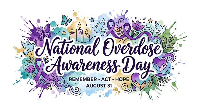 National Overdose Awareness Day design. Purple ribbon watercolor art for August 31 event.