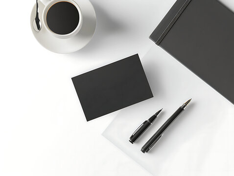 Minimalistic business card mockup in flat lay composition on white table surface.
