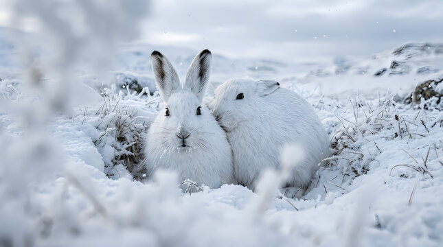 Macro photograph shot through blurred snow foreground toward two arctic hares huddled together