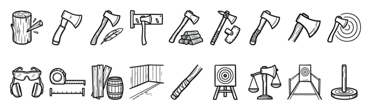 Set of handdrawn axe throwing and woodcraft tools for outdoor sports and lumberjack game designs