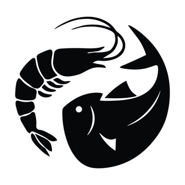 Stylized black silhouette of a shrimp and fish forming a circular yin yang symbol