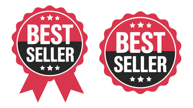 Best seller badge vector illustration featuring red and black circular badge designs, white ty